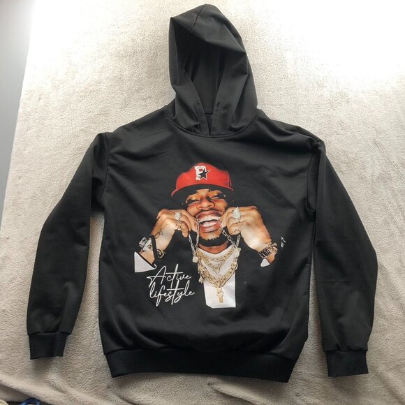 Romwe Mens Hoodie Sweatshirt Large Black Active Lifestyle Graphic Print Pullover - Picture 10 of 11